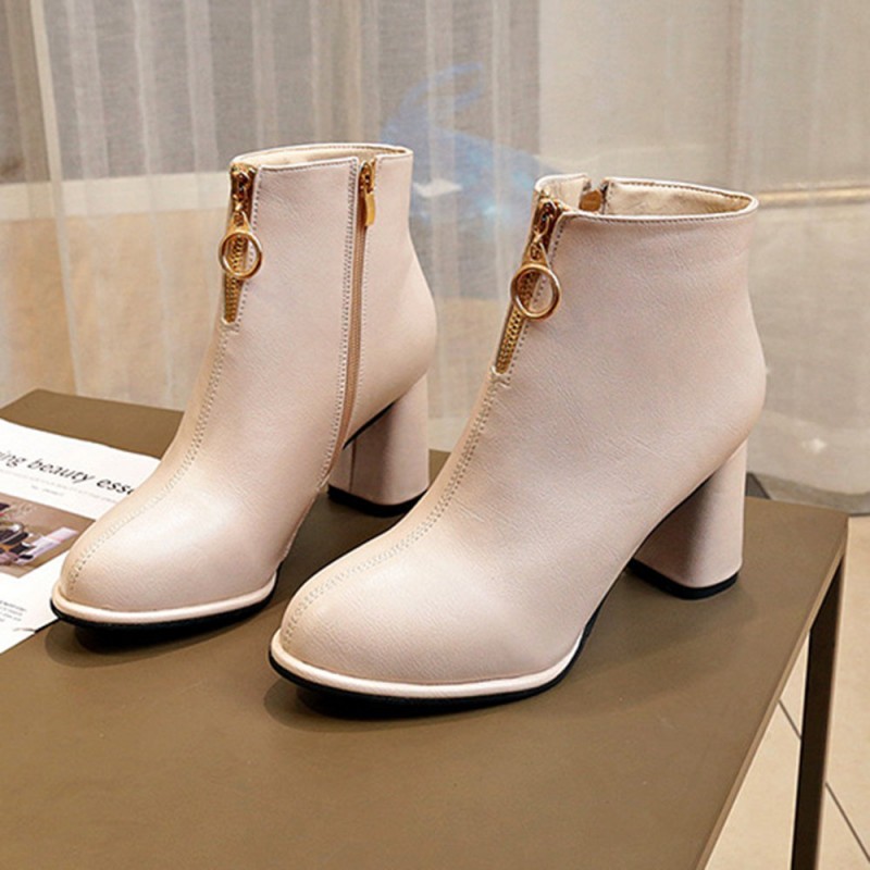 Round Toe Side Zipper High-heeled Thick Short Ankle Boots