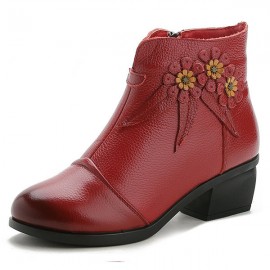 Women Winter Folkways Plush Lined Cow Leather Flowers Zip Square Heel Boots