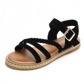 Suede Metal Buckle Opened Toe Flat Summer Sandals