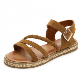 Suede Metal Buckle Opened Toe Flat Summer Sandals