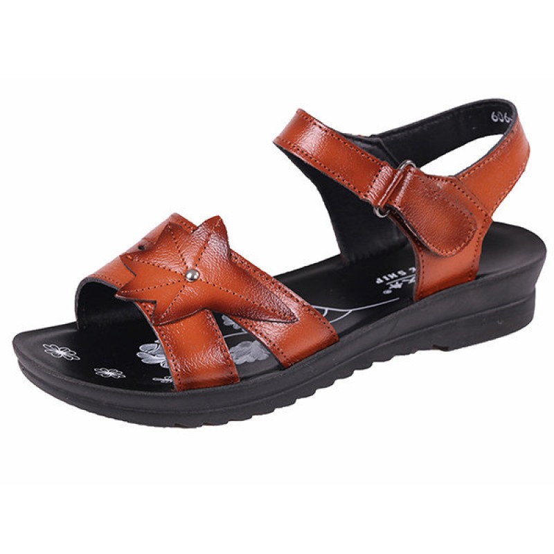 Leather Pattern Hook Loop Comfortable Flat Sandals