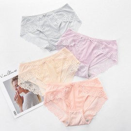 Lace-trim Seamless Cotton Crotch Low Rise Panties