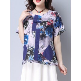 Women Floral Printed Pocket Short Sleeve Vintage T-shirts