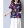 Women Floral Printed Pocket Short Sleeve Vintage T-shirts