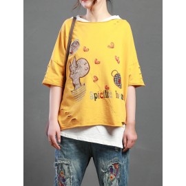 Cartoon Embroidery Print Short Sleeve Casual T-Shirt