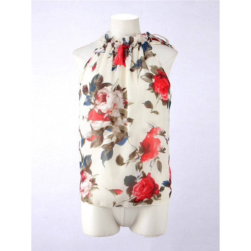 Floral Printed Halter Neck Sleeveless Chiffon T-shirt