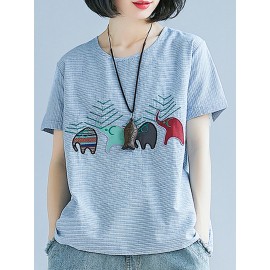 Stripe Elephant Embroidery Short Sleeve Casual T-shirts