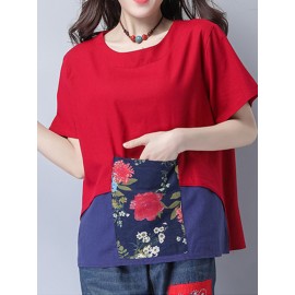 Women Short Sleeve Patchwork Pocket Vintage T-shirts