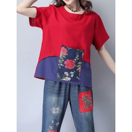 Women Short Sleeve Patchwork Pocket Vintage T-shirts