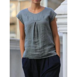 Short Sleeve Pleated Solid Color Casual T-shirt For Women