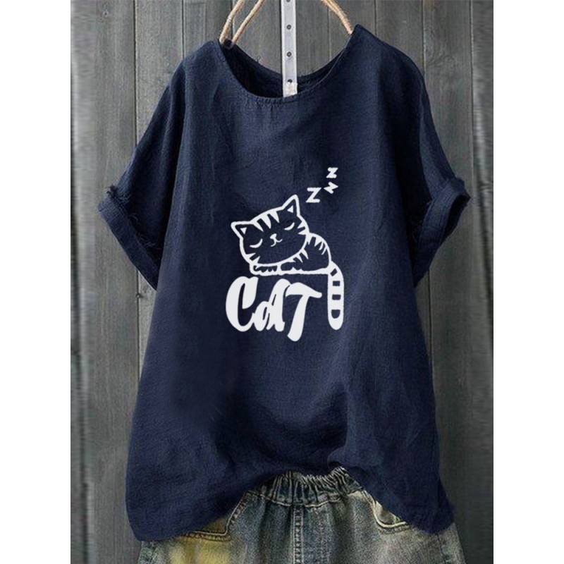 Casual Print Sleepy Cat Short Sleeve T-Shirt