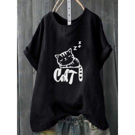 Casual Print Sleepy Cat Short Sleeve T-Shirt