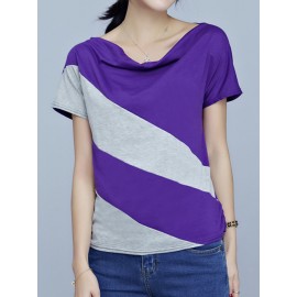 Casual Patchwork Short Sleeve Pile Collar T-shirt For Women