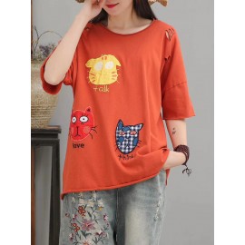 Cat Patch Embroidered Half Sleeve Distressed T-Shirt