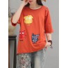 Cat Patch Embroidered Half Sleeve Distressed T-Shirt