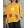 Cat Patch Embroidered Half Sleeve Distressed T-Shirt