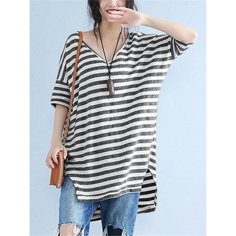 Casual Striped V Neck Slit High Low T-Shirt