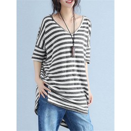 Casual Striped V Neck Slit High Low T-Shirt