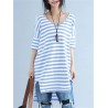 Casual Striped V Neck Slit High Low T-Shirt