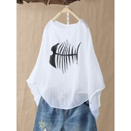 Casual Fish-bone Print 3/4 Sleeve Oversize T-Shirt