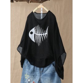 Casual Fish-bone Print 3/4 Sleeve Oversize T-Shirt