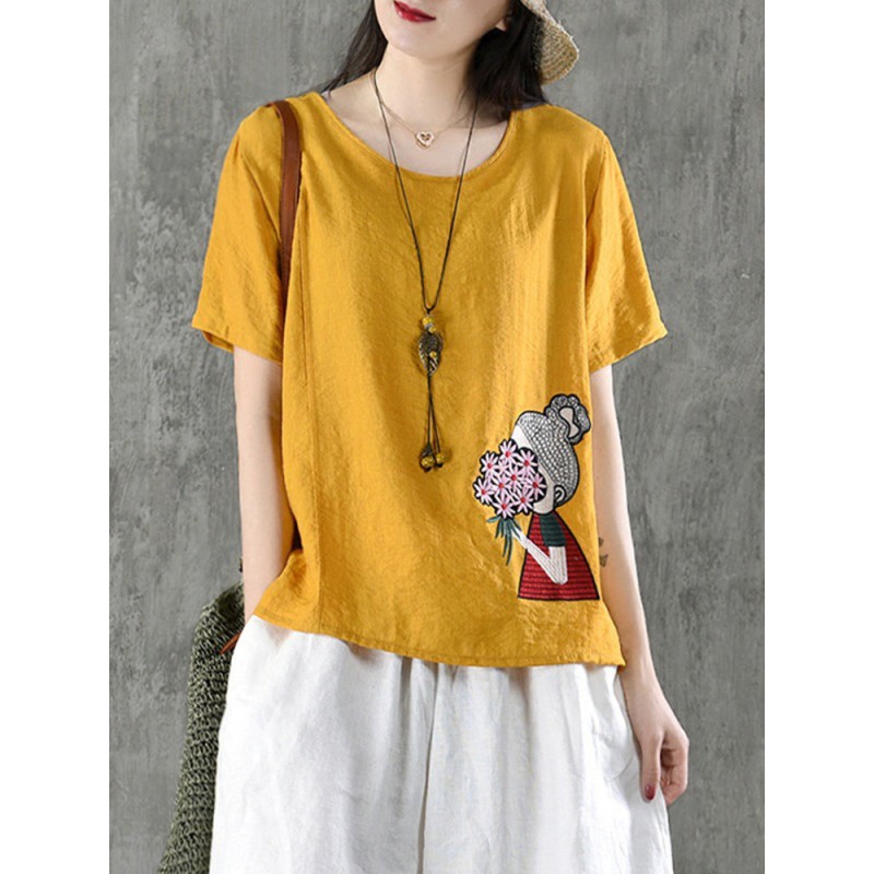 Cartoon Embroidered Irregular Short Sleeve O-neck T-shirts