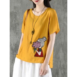 Cartoon Embroidered Irregular Short Sleeve O-neck T-shirts