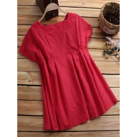 Solid Color Loose Pleated Short Sleeve O-neck Casual T-shirts