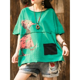 Casual Print Cartoon Patch Half Sleeve T-Shirt For Women