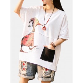 Casual Print Cartoon Patch Half Sleeve T-Shirt For Women