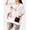 Casual Print Cartoon Patch Half Sleeve T-Shirt For Women