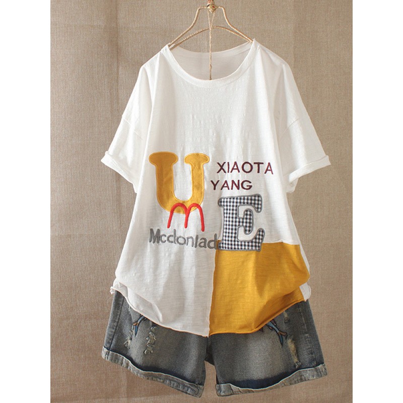 Casual Patch Letters Embroidery Short Sleeve Overhead T-Shirt