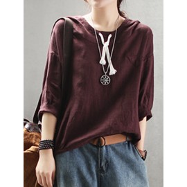 Casual Hoodies Pure Color 3/4 Sleeve O-neck Maxi Women T-shirt