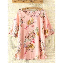 Casual Print Flower Crew Neck Short Sleeve T-Shirt