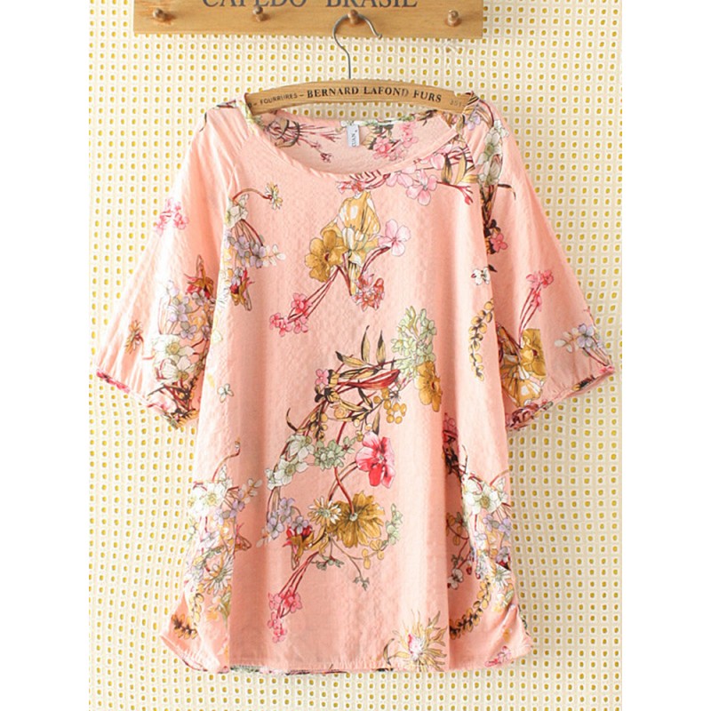 Casual Print Flower Crew Neck Short Sleeve T-Shirt