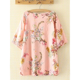 Casual Print Flower Crew Neck Short Sleeve T-Shirt