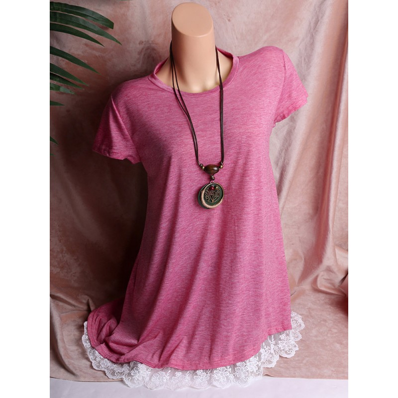 Lace Hem Short Sleeve O-neck Casual T-shirts