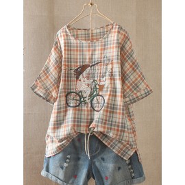 Casual Embroidered Girl Plaid Cute T-Shirt