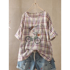 Casual Embroidered Girl Plaid Cute T-Shirt