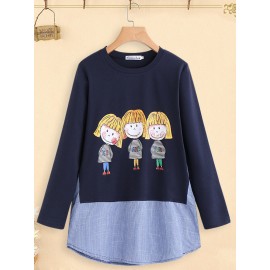 Cartoon Print Stripe Patchwork Long Sleeve Women T-shirt