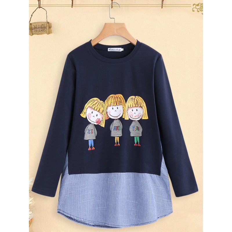 Cartoon Print Stripe Patchwork Long Sleeve Women T-shirt