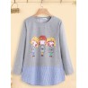 Cartoon Print Stripe Patchwork Long Sleeve Women T-shirt