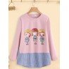 Cartoon Print Stripe Patchwork Long Sleeve Women T-shirt