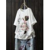 Cartoon Girl Print Embroidery Short Sleeve Casual Women T-shirt