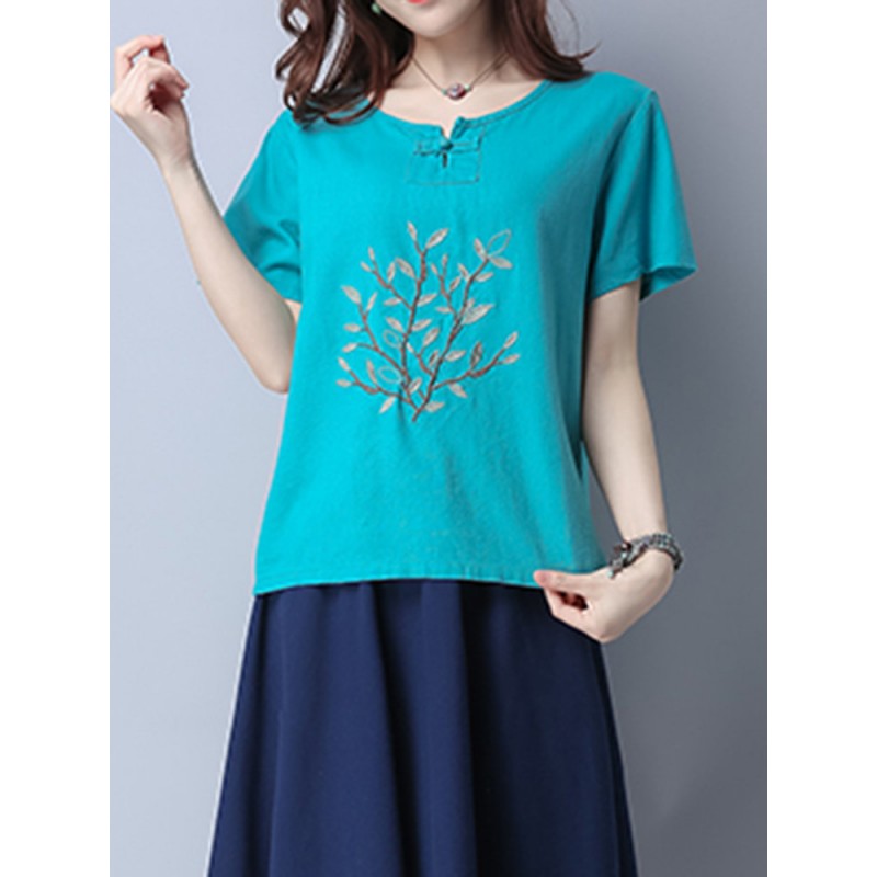 Casual Embroidered Frog Button Short Sleeve O-neck T-shirt For Women