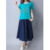 Casual Embroidered Frog Button Short Sleeve O-neck T-shirt For Women