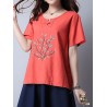 Casual Embroidered Frog Button Short Sleeve O-neck T-shirt For Women