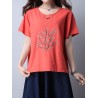 Casual Embroidered Frog Button Short Sleeve O-neck T-shirt For Women