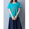 Casual Embroidered Frog Button Short Sleeve O-neck T-shirt For Women