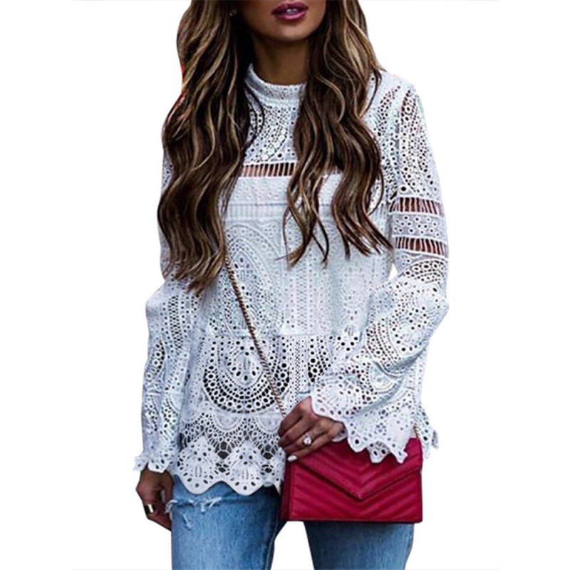 Solid Color Lace Hollow Long Sleeve Blouse For Women